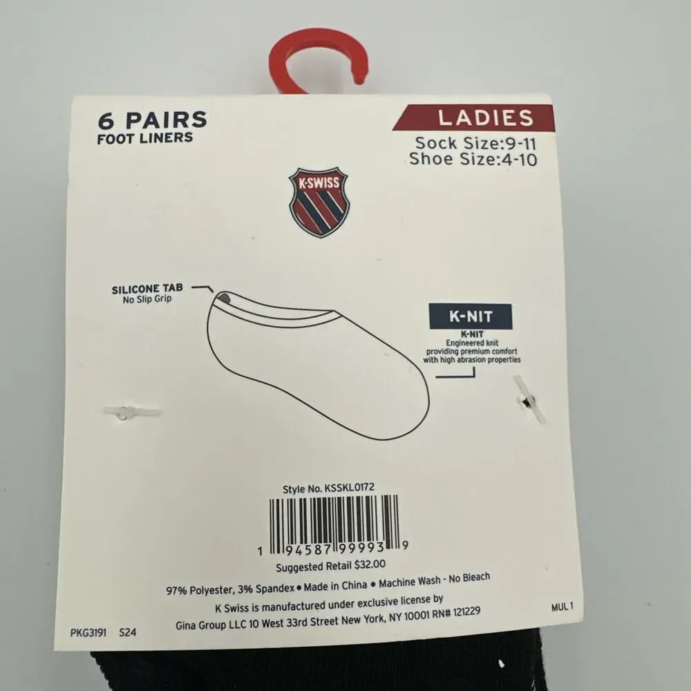 K Swiss Foot Liners Socks Ladies Womens Size 9-11 Silicone Tab No Show 6 PAIRS‎